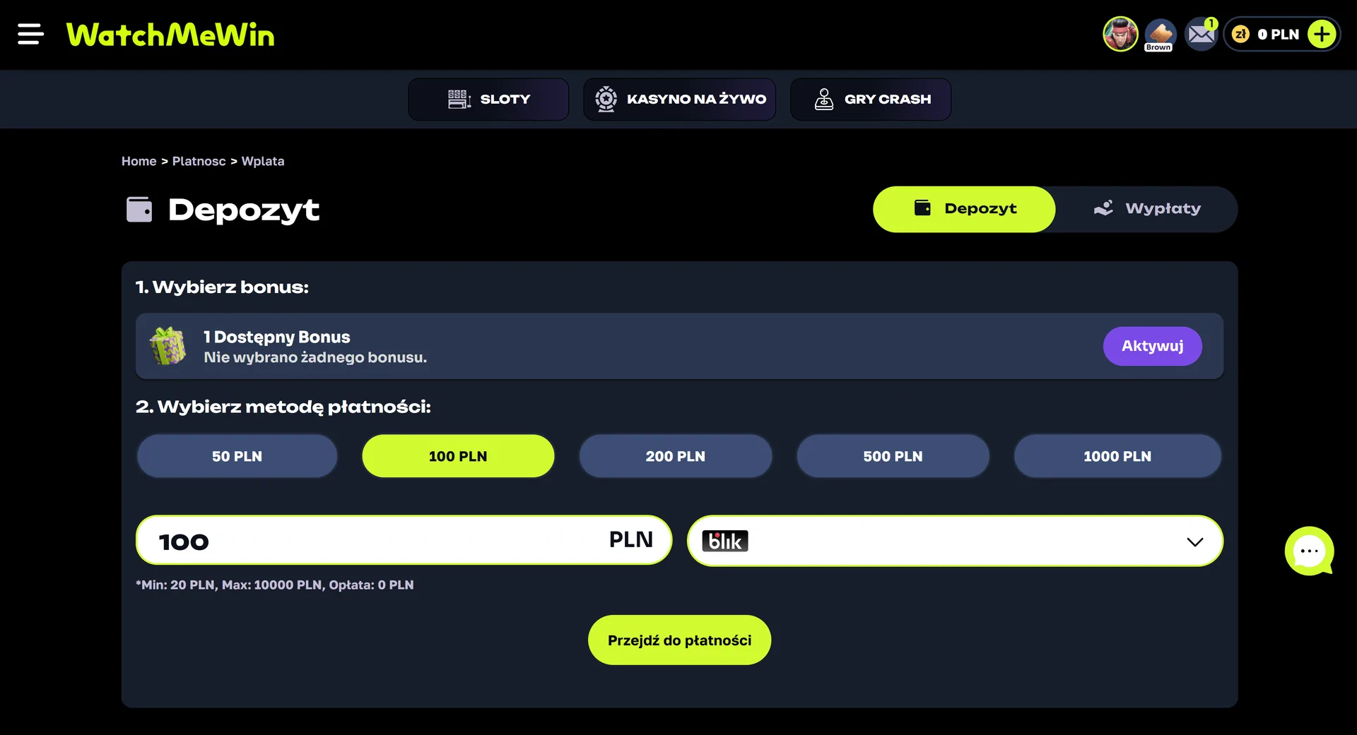 WatchMeWin Casino wypłata i depozyt BLIK w kasie
